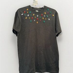 Women’s Tshirt with Large Gems Funky 80s 90s Size L Black Fruit Of The Loom